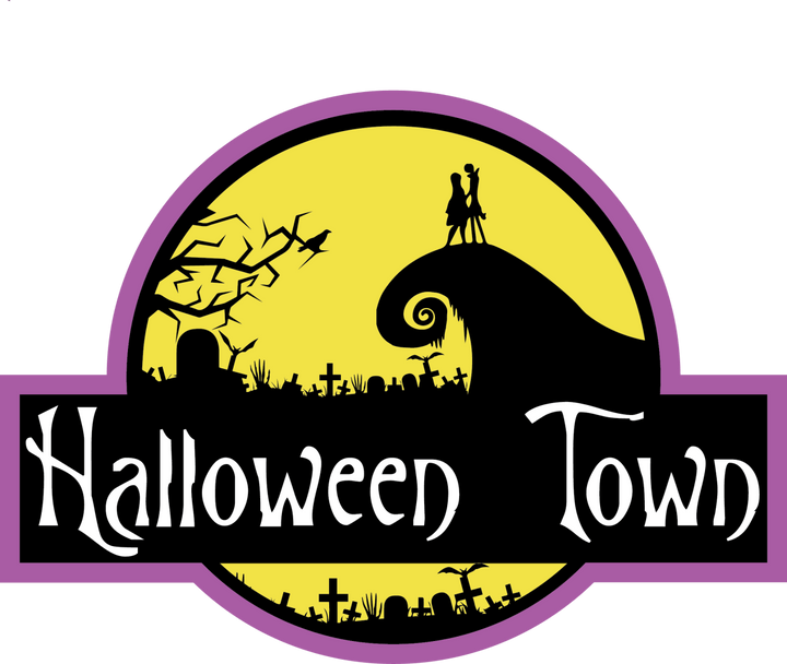 
									Halloween Town Silhouette Logo Yellow Circle Purple Border SVG