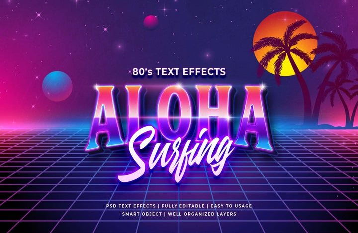 
									Retro Aloha Surfing 80’s Font Effect PSD Template